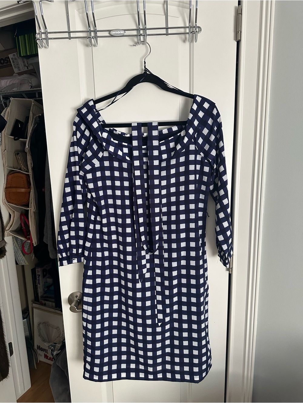 Banana Republic Navy and White Gingham Tie-Neck Mini Dress